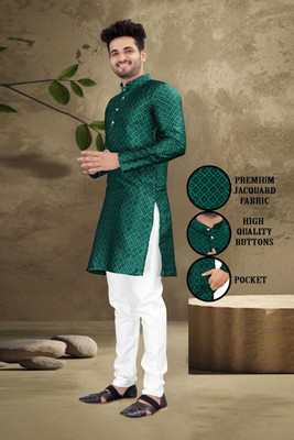 Mysia Men Woven Design Straight Kurta(Dark Green)