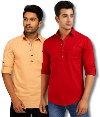 CROWNTAIL Men Solid Straight Kurta(Orange, Red)