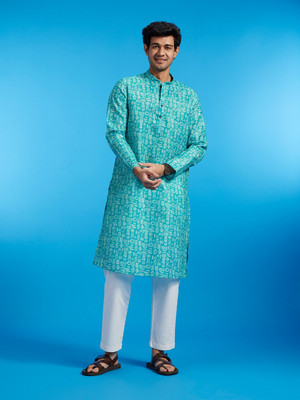 DIWAS by Manyavar Men Printed Straight Kurta(Blue)