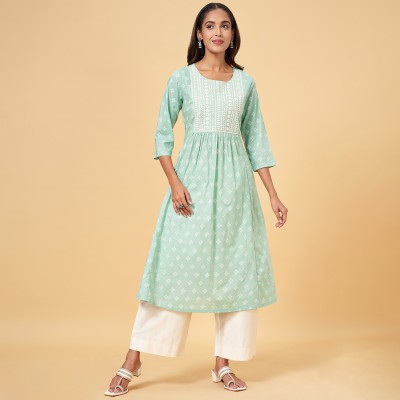 Rangmanch by Pantaloons Women Dyed/Ombre Flared Kurta(White, Light Green)