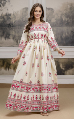 DRESSAR Anarkali Gown(Beige, Red)