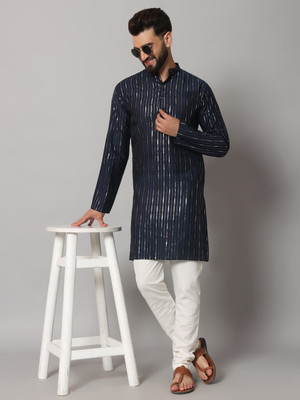 rutva Men Striped Straight Kurta(Dark Blue)