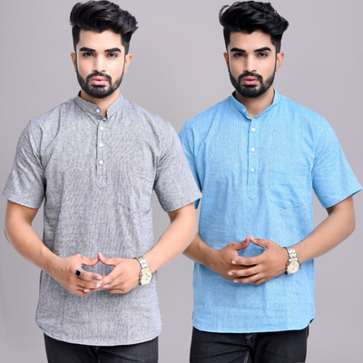 QuaClo Men Solid Straight Kurta(Grey, Light Blue)