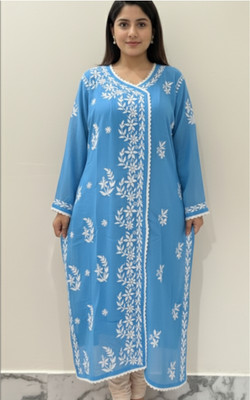RIDDHI Women Chikan Embroidery Ethnic Dress Kurta(Blue)