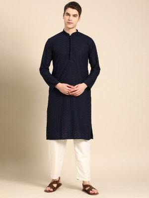 Rajubhai Hargovindas Men Embroidered Straight Kurta(Dark Blue)