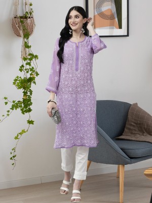 ADA Women Chikan Embroidery, Embroidered Straight Kurta(Purple)