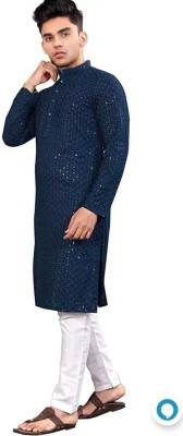 TRUST OUS Men Embroidered Straight Kurta(Dark Blue)