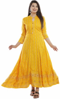 Tikshu Women Printed Flared Kurta(Yellow)