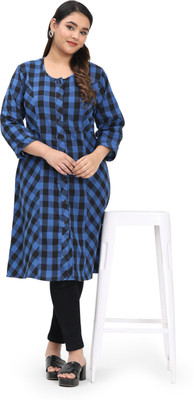 LINGRA Women Checkered A-line Kurta(Blue)