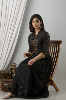 ftDiva Women Self Design Anarkali Kurta(Black)