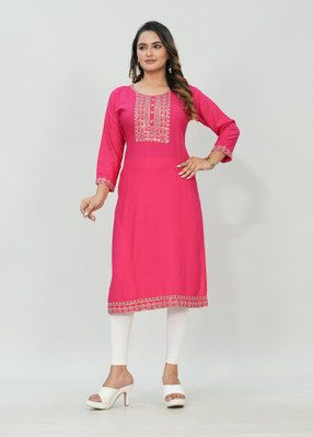 Elvya Women Embroidered Straight Kurta(Pink)