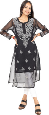 Rudraaksha Chikankari Women Chikan Embroidery Straight Kurta(Black)