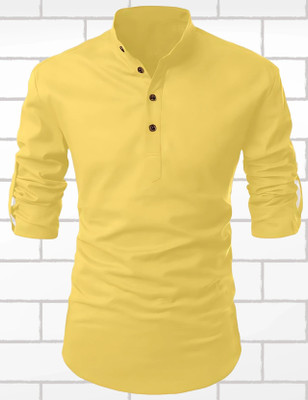 ART CURTAIN Men Solid Straight Kurta(Yellow)