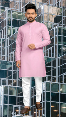 Mamta Biswas Men Solid Straight Kurta(Pink)