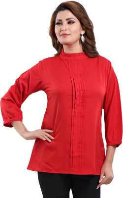 Anmi Red Poly Crepe Office Wear Short Tunic Top Solid Women Straight Kurta(Red)