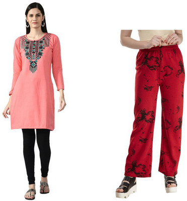 KAVYA Women Printed Straight Kurta(Pink, Red)