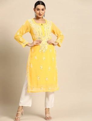 elegance chikankari Women Chikan Embroidery Straight Kurta(Yellow)