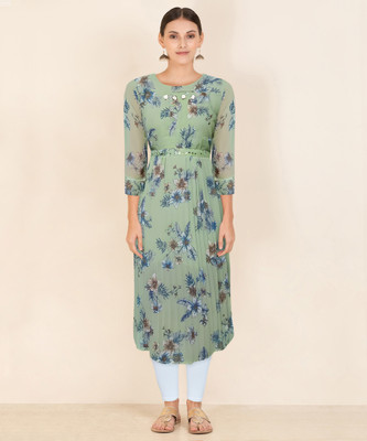 FlashV Women Printed Straight Kurta(Green)
