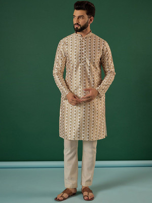 ANOUK Men Geometric Print Straight Kurta(White)