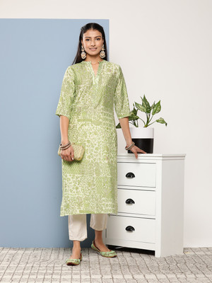 LIBAS Women Printed Straight Kurta(Light Green, Beige)