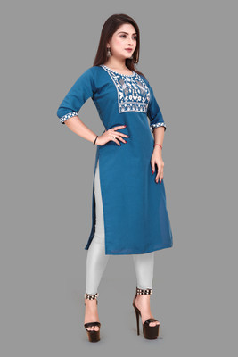 WOMENSILK Women Embroidered A-line Kurta(Blue)
