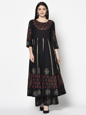 Aniyah Women Block Print Anarkali Kurta(Black)