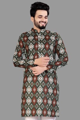 KG Creation Men Printed Straight Kurta(Dark Green, Red, White)