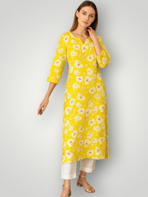 HindustaniLihaj Women Printed Straight Kurta(Yellow)