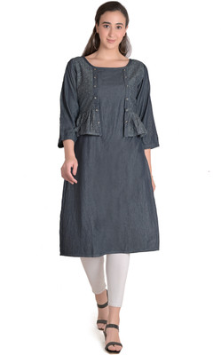 TCI Women Self Design Straight Kurta(Grey)