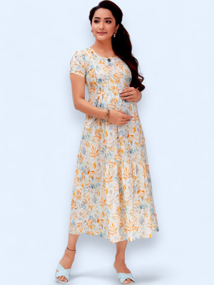 RITIJYA Women Geometric Print Anarkali Kurta(Beige)