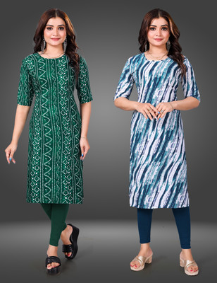 MOBHISA Women Printed Straight Kurta(Dark Blue)