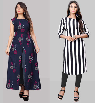 maruti fab Women Striped, Printed A-line Kurta(Blue, White)