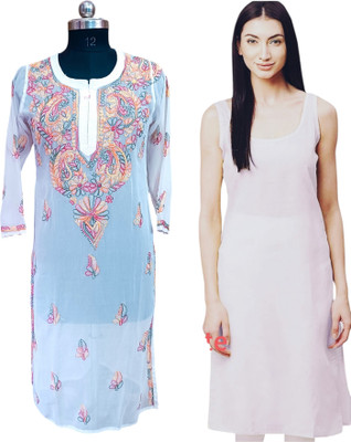 Neelam Chikan Women Chikan Embroidery Straight Kurta(White, Multicolor)