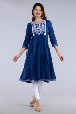 KURTI MASTER Women Embroidered Flared Kurta(Blue)