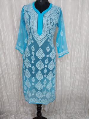 The Chikankari Story Women Chikan Embroidery Straight Kurta(Light Blue)