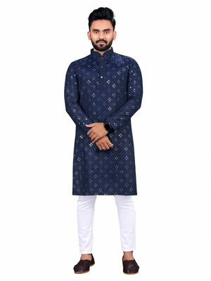 Shantam Creation Men Embroidered Straight Kurta(Blue)