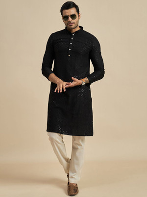 ANOUK Men Geometric Print Straight Kurta(Black)