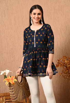 Glowworld Women Printed Flared Kurta(Dark Blue)