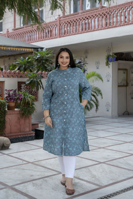 RopaDeModa Women Floral Print Straight Kurta(Grey)