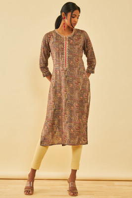 soch Women Printed Straight Kurta(Grey)