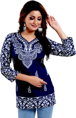 Anmi Faux Crepe Ladies Short Kurti Tunic | Short Kurti For Women Printed Women Straight Kurta(Dark Blue, White)