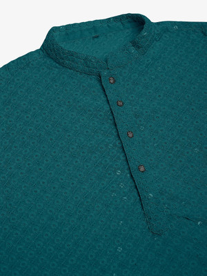 romj Men Chikan Embroidery A-line Kurta(Blue)