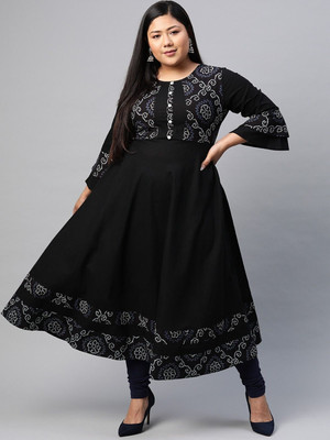 AKIKO Women Printed Anarkali Kurta(Black)