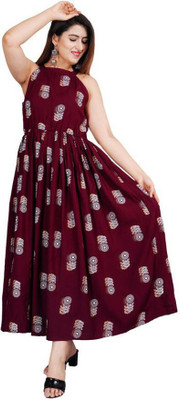 SMIEN Women Printed Flared Kurta(Maroon)