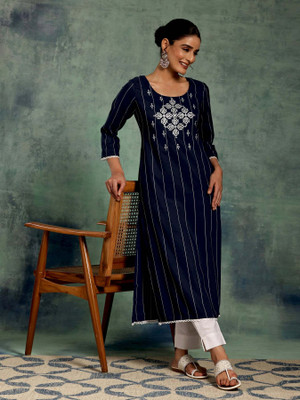 LIBAS Women Embroidered Straight Kurta(Dark Blue, White)