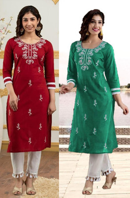 HouseOfCommon Women Chikan Embroidery Straight Kurta(Multicolor)