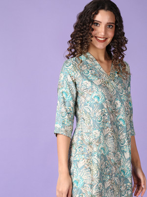 V-MART Women Printed A-line Kurta(Green)