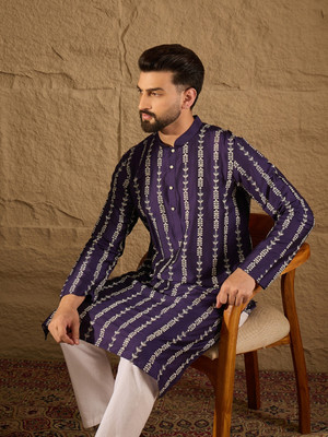 Ethnic Bay Men Printed Straight Kurta(Purple, Beige)