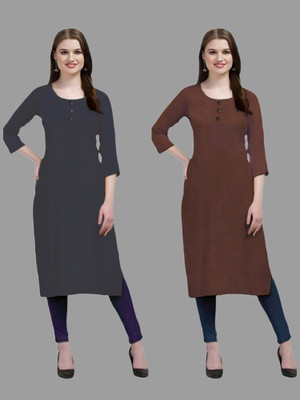 HOFC Women Solid Straight Kurta(Grey, Maroon)
