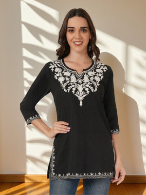 Miss Peach Women Embroidered A-line Kurta(Black)